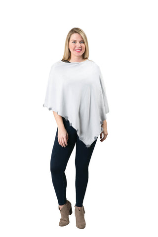 Metallic Silver Jackie Pom Pom Poncho with faux fur trim