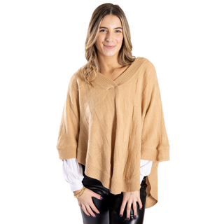 Camel cable knit capelet with button sleeve closure
