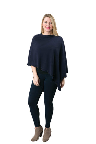Navy Carol Poncho with gold stud beads along the trim