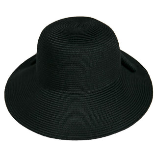 Black folded brim hat with bow, front view