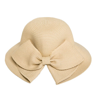 Cream folded brim hat with bow, back view