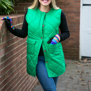 Long green button front vest with pockets