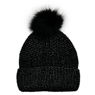 Black Hat – Taylor Hat in black with faux fur pom pom and metallic knit shimmer