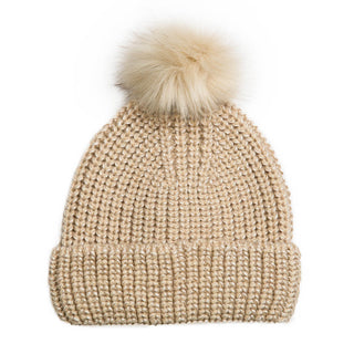 Camel Hat – Taylor Hat in camel beige with faux fur pom pom and metallic knit shimmer