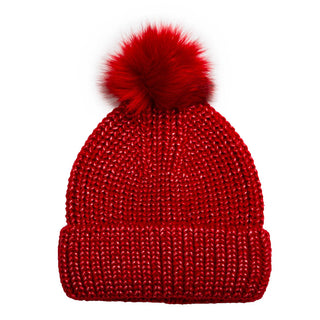 Red Hat – Taylor Hat in red with faux fur pom pom and metallic knit shimmer