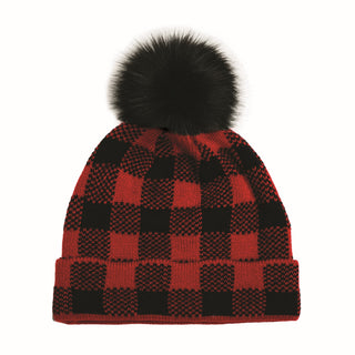 Red and black buffalo checker beanie hat with black pom pom