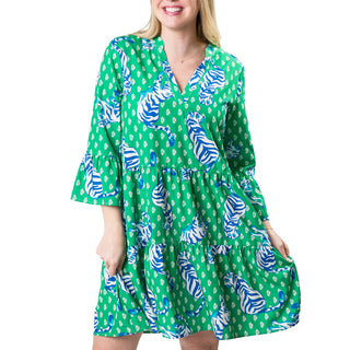 Tiered, flutter sleeve dress in Blue and Green Tiger