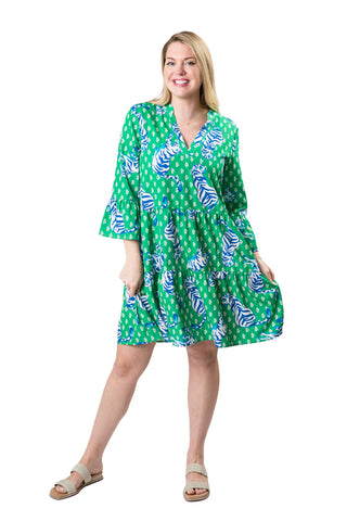 Tiered, flutter sleeve dress in Blue and Green Tiger