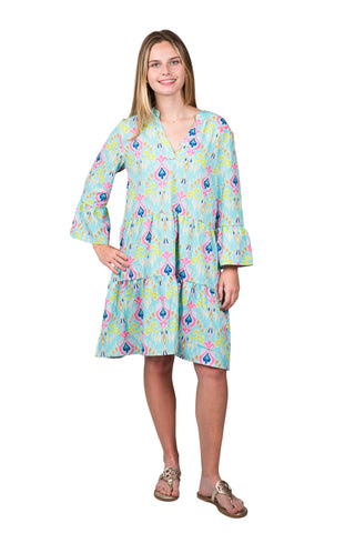 Tiered, flutter sleeve dress in turquoise chandelier 