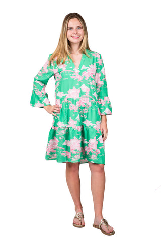 Tiered, flutter sleeve dress in pink and green pagoda