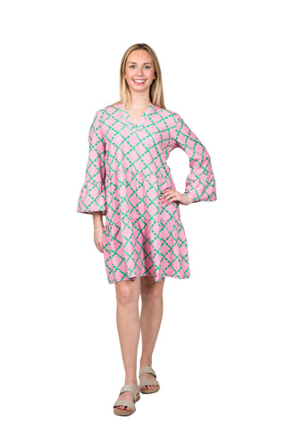 Tiered, flutter sleeve dress in pink and green diamond