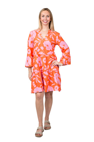 Tiered, flutter sleeve dress in pink and orange 