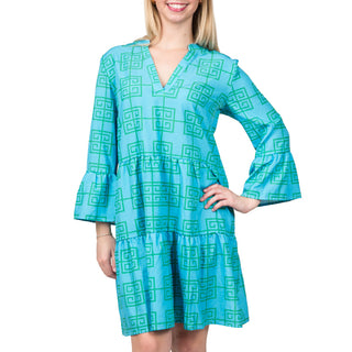 Tiered, flutter sleeve dress in turquoise and green greek key