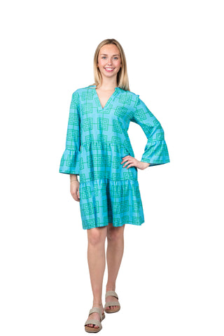Tiered, flutter sleeve dress in turquoise and green greek key