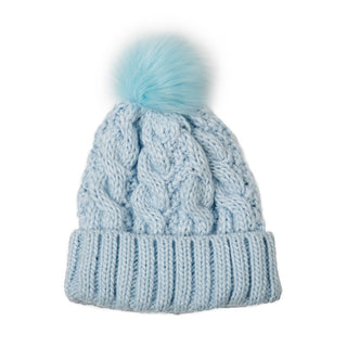 Light blue cable knit beanie hat with pom pom