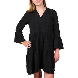 black Clip Dot Ruffle Long Sleeve Shift Dress