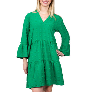 Green Clip Dot Ruffle Long Sleeve Shift Dress