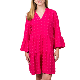 Hot Pink Clip Dot Ruffle Long Sleeve Shift Dress