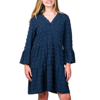 Navy Blue Clip Dot Ruffle Long Sleeve Shift Dress