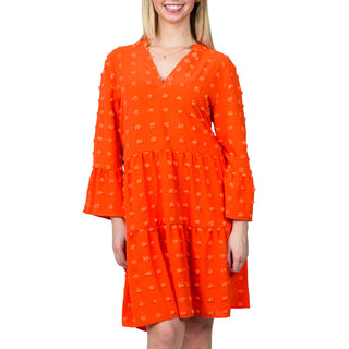 Orange Clip Dot Ruffle Long Sleeve Shift Dress