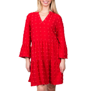 Red Clip Dot Ruffle Long Sleeve Shift Dress