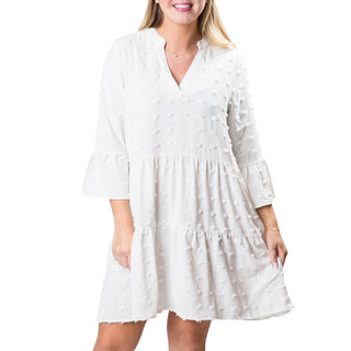 White Swiss Dot Ruffle Long Sleeve Shift Dress