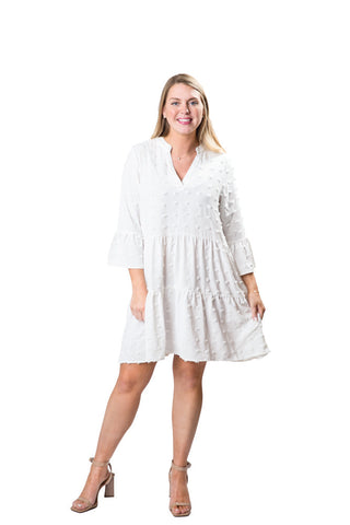 Women wearing white swing dress with swiss dots