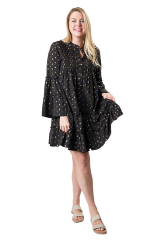 Black tiered, flutter sleeve dress with gold diamond-shaped flecks