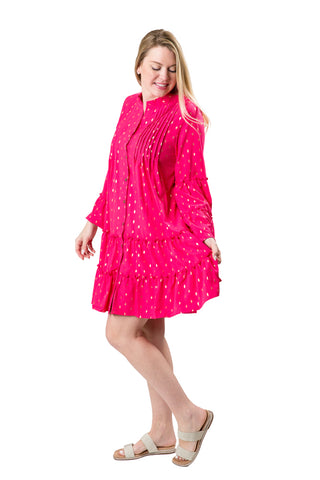 Hot pink tiered, flutter sleeve dress with gold diamond-shaped flecks