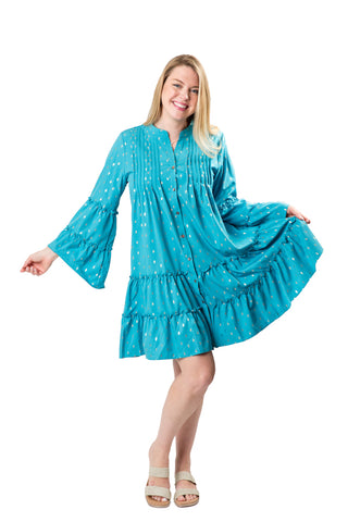 Turquoise, flutter sleeve dress with gold diamond-shaped flecks