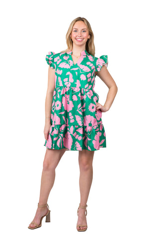 v-neck flutter sleeve tiered dress in pink and green cosmo