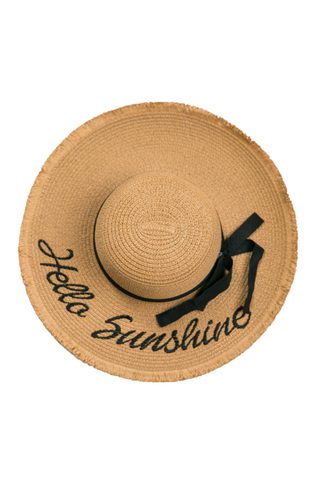 Natural wide brim hat with Hello Sunshine and bow