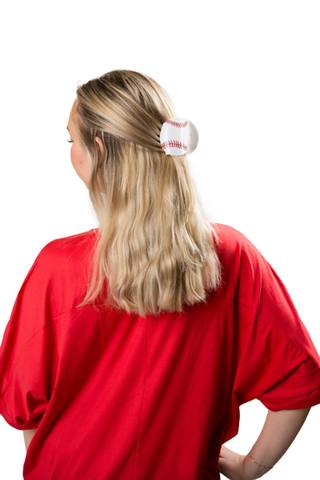 Woman wearing baseball hair clip – sporty game day hair accessory