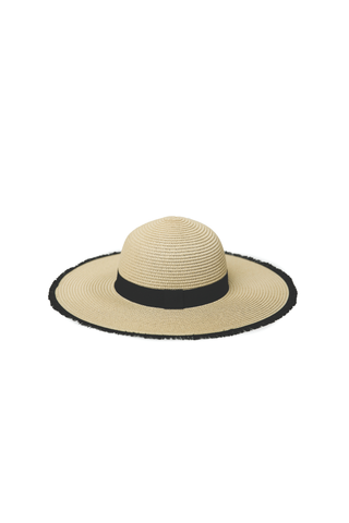 Natural wide brimmed hat with BLACK ribbon on crown and BLACK eyelash trim on brim