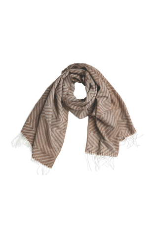 Taupe and cream zig zag print scarf with fringe