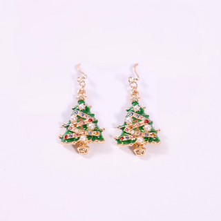 Green Pair: "Festive green Christmas Tree Earrings with colorful accents and pearl details – holiday dangle jewelry"
