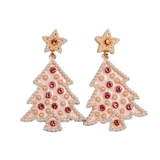 Pink Christmas Tree Earrings with star topper and rhinestone accents