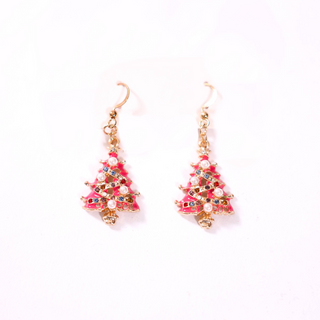 Pink Pair: "Festive pink Christmas Tree Earrings with colorful accents and pearl details – holiday dangle jewelry"