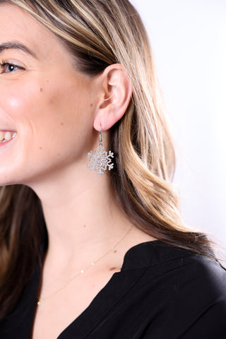 Woman wearing snowflake earrings