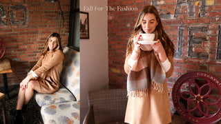 Two photos of a woman wearing the same dress but one has a ribbed scarf on 