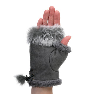 gray Tasha fingerless glove with faux fur on hand