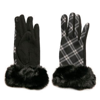 Black and Gray plaid glove with faux fur cuffs