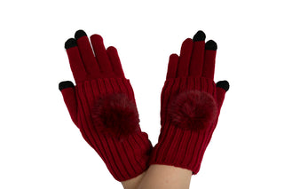 dark red knit 3 in 1 texting glove with pom pom