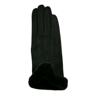 Black faux suede glove with matching faux fur trim at wrist