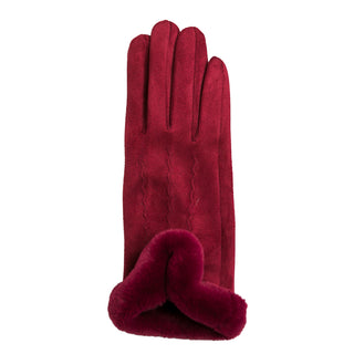 Dark red faux suede glove with matching faux fur trim at wrist
