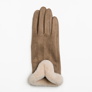 Taupe faux suede glove with cream faux fur trim at wrist