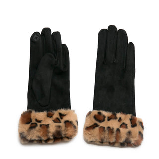 Black faux suede glove with tan leopard faux fur at wrist, front and back