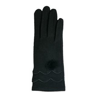 Alt: Black Cassidy winter glove with scallop trim, faux fur pom pom, and touchscreen-ready fingertips
