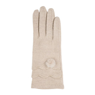 Alt: Cream-colored Cassidy pom pom glove with scallop edging and cozy faux fur detail
