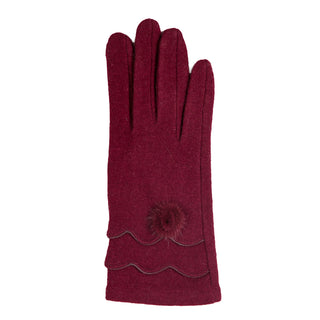 Alt: Burgundy Cassidy pom pom winter glove with scallop edges and faux fur accent
